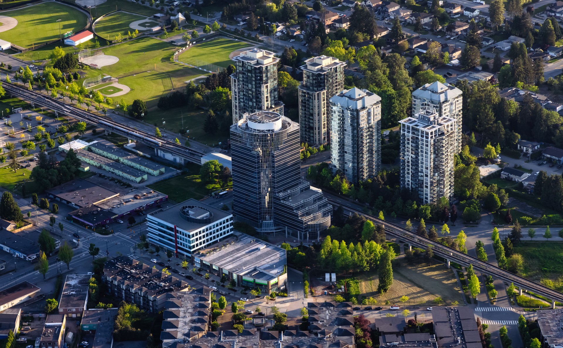 Aerial View from an Airplane of Residential Homes and Buildings